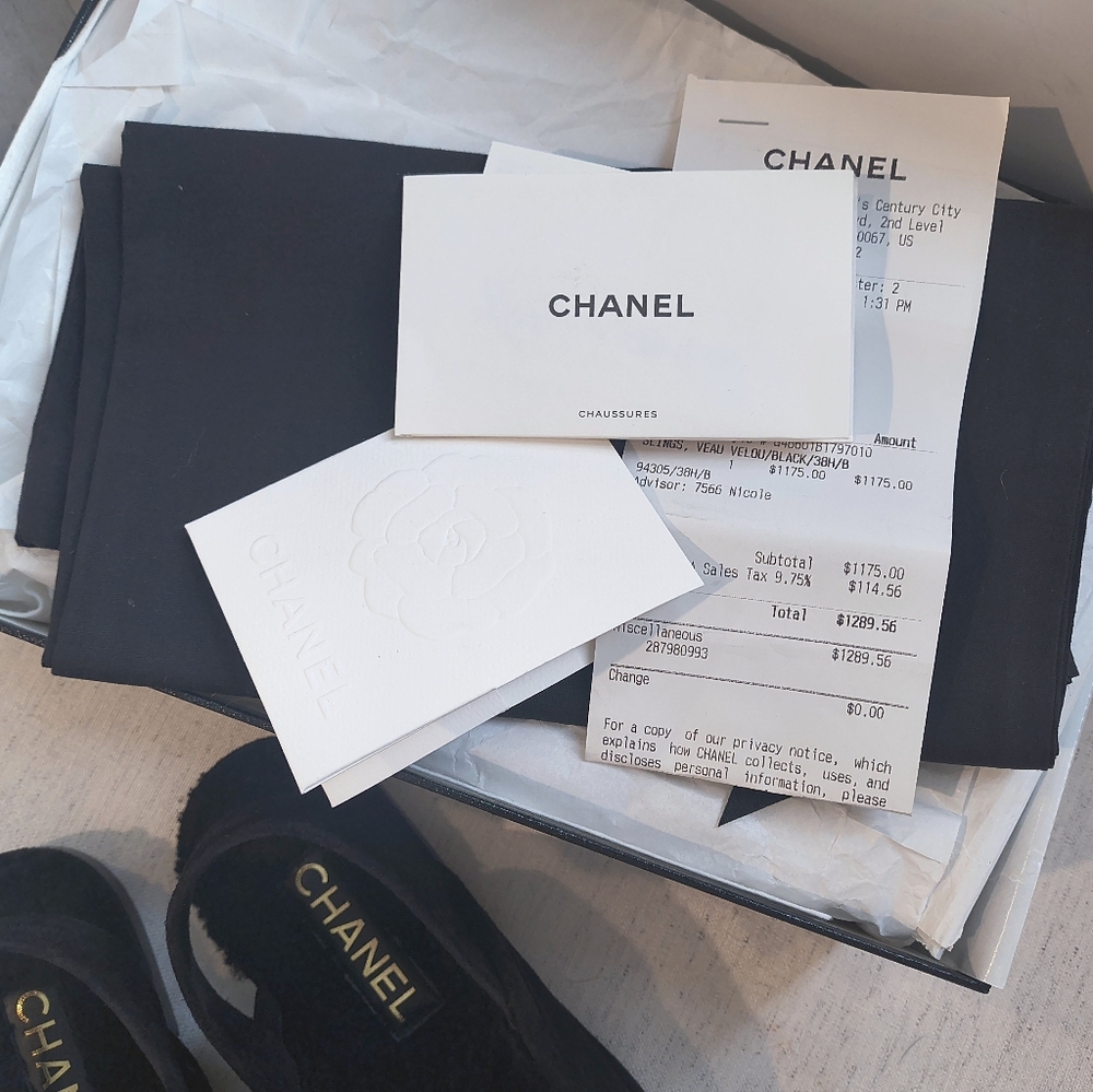CHANEL💯CC Black + Gold Shearling Fur 🎀 Slingback Loafers In Suede 38.5 IT - Picture 11 of 13